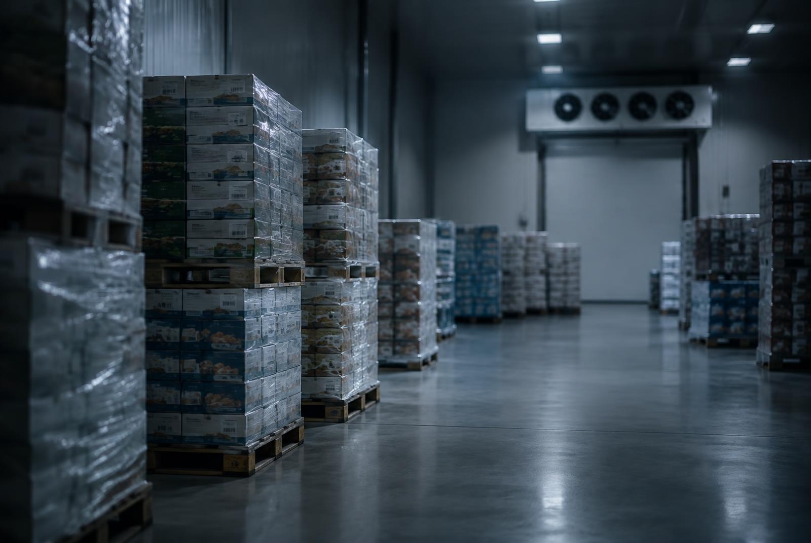 Pallets of chilled products in a refrigerated warehouse